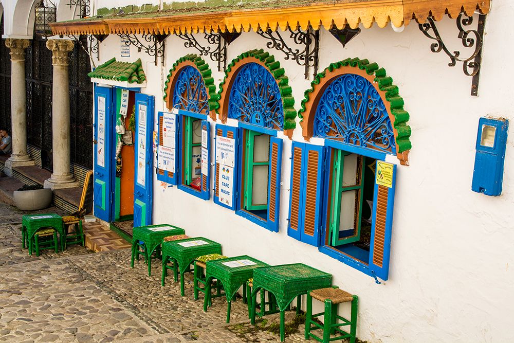 Outdoor cafe along a narrow street in the Bab Haha district of Kasbah, Old Medina, Tangier, Morocco